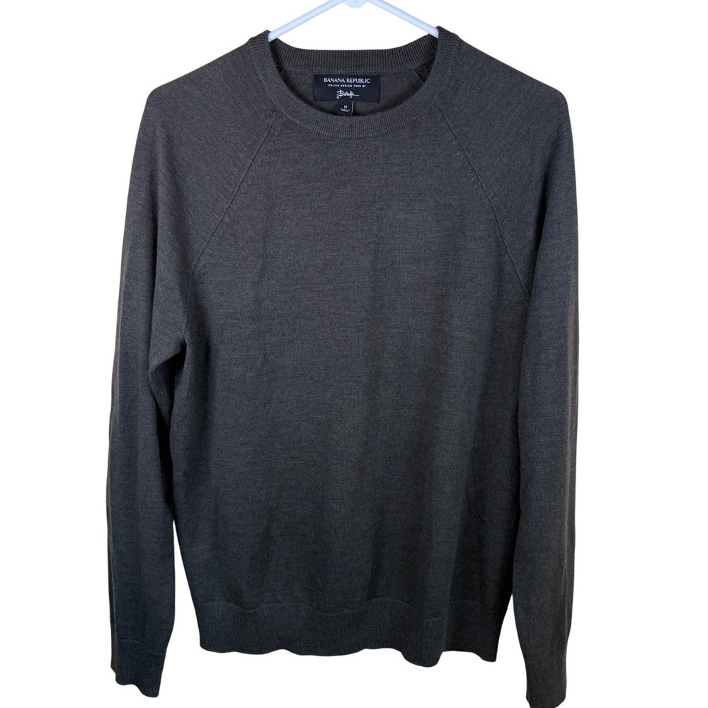 Banana Republic Italian Merino Wool Sweater Mens M Olive Crew Knit Quiet Luxury
